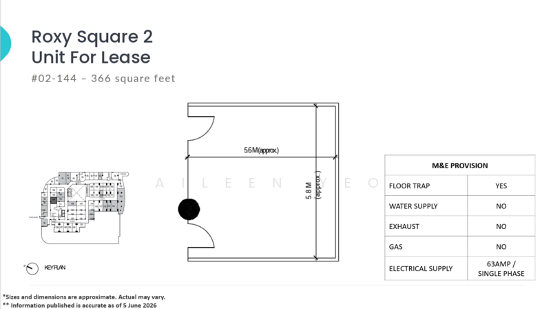 Roxy Square Shopping Centre, 50 East Coast Road, 248 sqft, Other Retail For Rent, by Aileen Yeo, 500180832 - CommercialGuru.com.sg