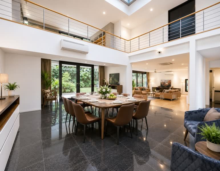 ⭐️RARE DUAL FRONTAGE MODERN 2-STY DETACHED @ GCBA RAFFLES PARK⭐️1 KM OF RGPS⭐️VERY WIDE FRONTAGE⭐️, Oriole Crescent Ash Cassia Sunset Pine Linden Vanda Eng Neo Greenmead Greenview Greenpark Hillcrest Watten Shelford Senandong Swiss Club Binjai Kampong Chantek Chee Hoon Camden Kheam Hock Trevose Camborne Narooma Dalkeith Harlyn Berrima Merryn Tudor, 7 Bedrooms, 8,200 sqft, Detached House For Sale, by Damian Tan 陈係赈, 500184344 - Living Room - PropertyGuru.com.sg