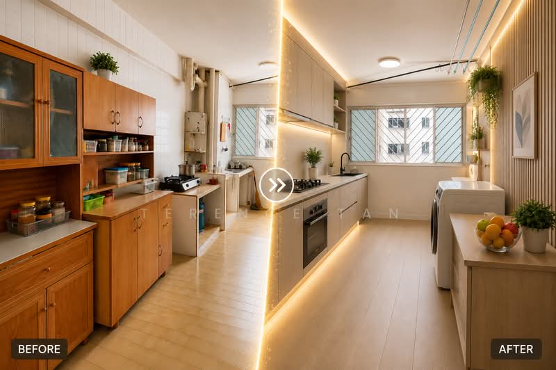 745 Yishun Street 72, 745 Yishun Street 72, 2 Bedrooms, 721 sqft, HDB Flat For Sale, by Terence Tan, 500186549 - Kitchen Potential Before after - PropertyGuru.com.sg