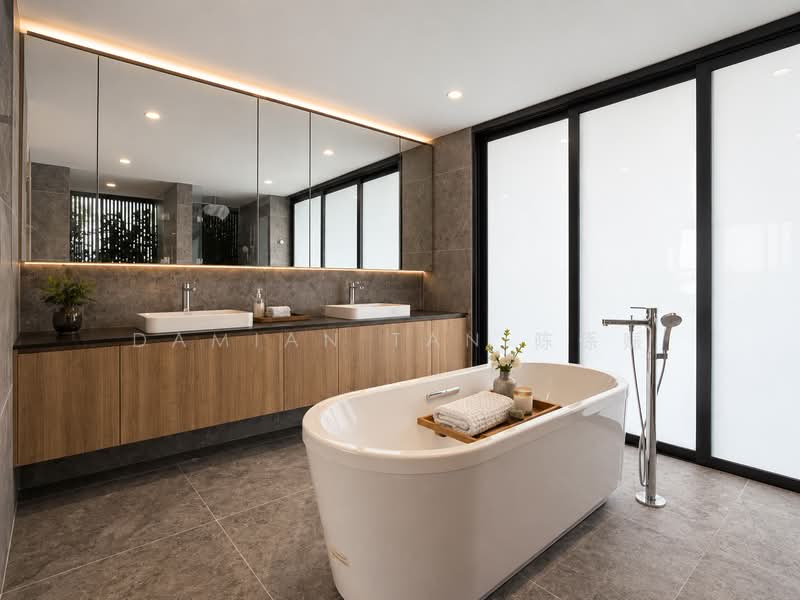 ⭐️1 KM OF MGS (PRIMARY) ⭐️LOWEST PSF BRAND NEW 2.5-STY W/ BASEMENT MODERN HOUSE @ HONG KONG PARK⭐️, Sian Tuan Avenue Hua Guan Wilmonar Yarwood Binjai Din Pang Bee San Stone Jalan Jambu Ayer Mawar Batu Kampong Chantek Swiss Club Holland Greenleaf Fir Redwood Maple Cypress Oak Cherry Lily Lasia Lemon Lotus Lantana Garlick Sixth Namly Lim Tai See Haji, 7 Bedrooms, 11,563 sqft, Detached House For Sale, by Damian Tan 陈係赈, 500193836 - Master Bath - PropertyGuru.com.sg