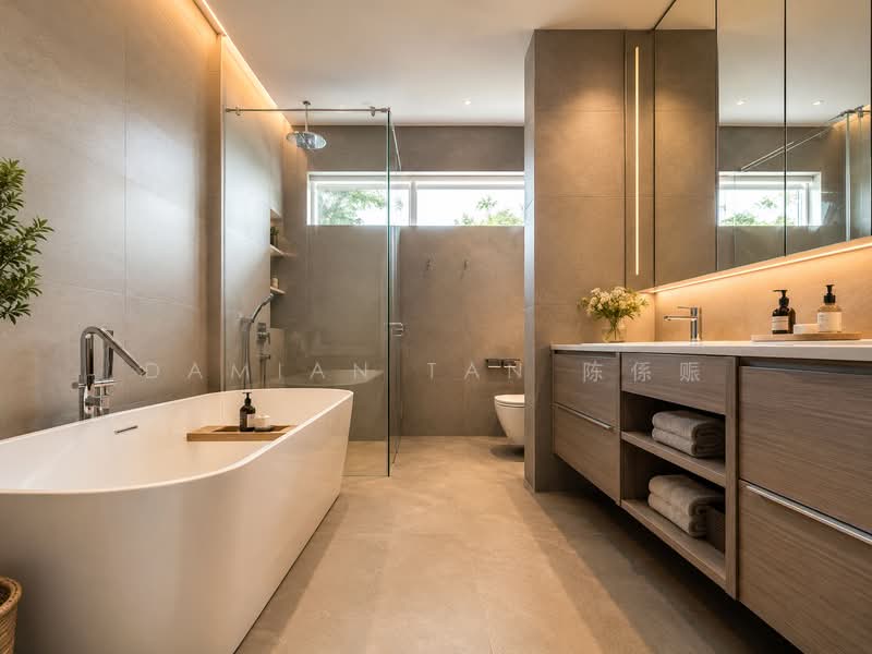 ⭐️WITHIN 1 KM OF RGPS⭐️NEAR TAN KAH KEE MRT STATION⭐️MODERN DESIGN WELL-KEPT 2.5-STY SEMI-D ⭐️, Hillcrest Road Watten Estate Greenwood Greendale Greenmead Greenpark Shelford Park Vale Linden Pandan Naga Sari Vanda Namly Duchess Princess Of Wales King's Queen's Duke's Coronation University Kheam Hock Unggas Seni Bahasa Tudor Tempua Sejarah Hua, 5 Bedrooms, 4,725 sqft, Semi-Detached House For Sale, by Damian Tan 陈係赈, 500196295 - Bathroom - PropertyGuru.com.sg