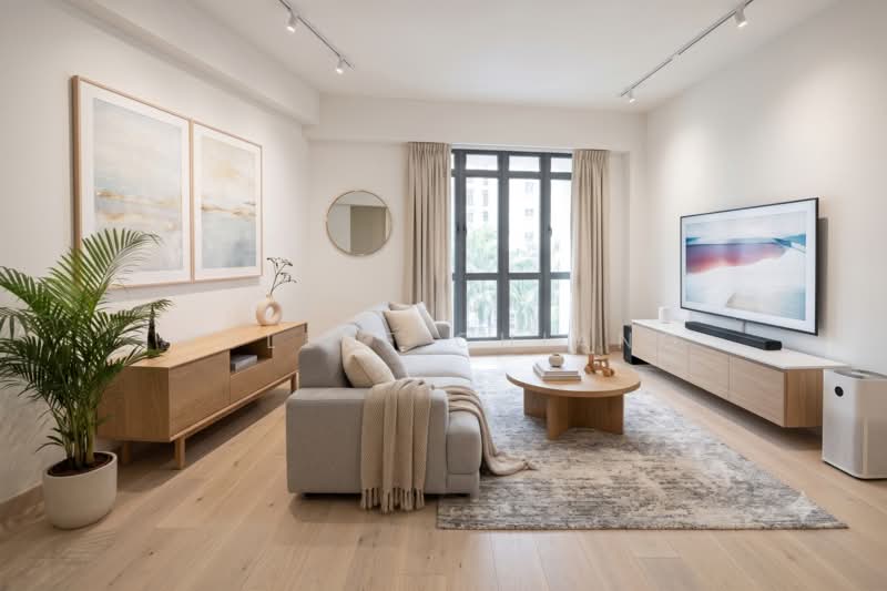 East Meadows, 32 Tanah Merah Kechil Road, 3 Bedrooms, 1,238 sqft, Condominium For Sale, by Jolene Chiang, 500213796 - Living Room - AI generated rendering - PropertyGuru.com.sg