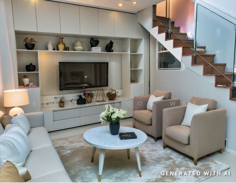 The Trilinq, Jalan Lempeng, 4 Bedrooms, 1,518 sqft, Condominium For Sale, by Ken Tay Boon Wee, 500230377 - Living Room with AI creation - PropertyGuru.com.sg