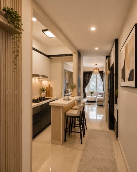 Sunrise Gardens, 51 Sunrise Gardens, 2 Bedrooms, 829 sqft, Condominium For Sale, by YAMAMOTO Jr LIM 林景漍, 500235549 - ID Hallway + Kitchen Peninsula - PropertyGuru.com.sg