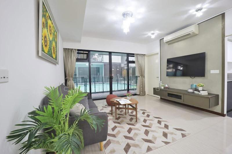 Hijauan, 63 Cavenagh Road, Orchard / River Valley, 3 Bedrooms, 1,141 sqft, Condominium For Sale, by Cassie Ang, 500265569 - Pool View Living Room With Balcony - PropertyGuru.com.sg