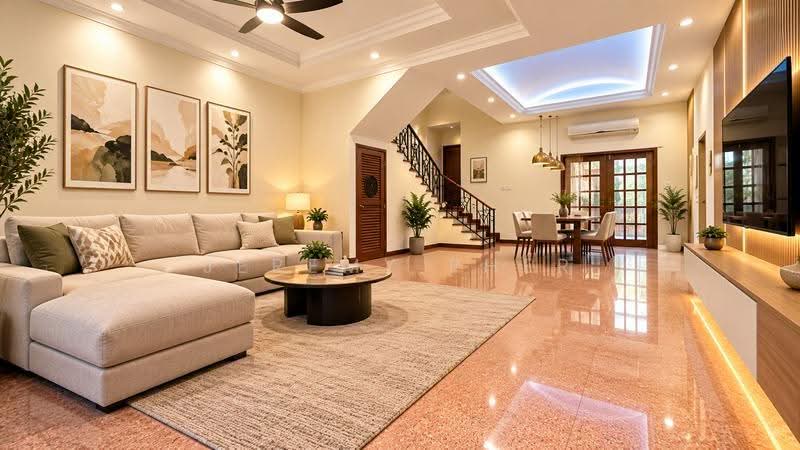 PRICED TO SELL! 99 Year Leasehold 2.5 Storey Landed, Spacious Family Home!, Chuan Drive, Lorong Chuan, Serangoon Garden, Hougang / Punggol / Sengkang, 5 Bedrooms, 3,200 sqft, Terraced House For Sale, by Jeremy Pher, 500276135 - Living Room- AI staged - PropertyGuru.com.sg