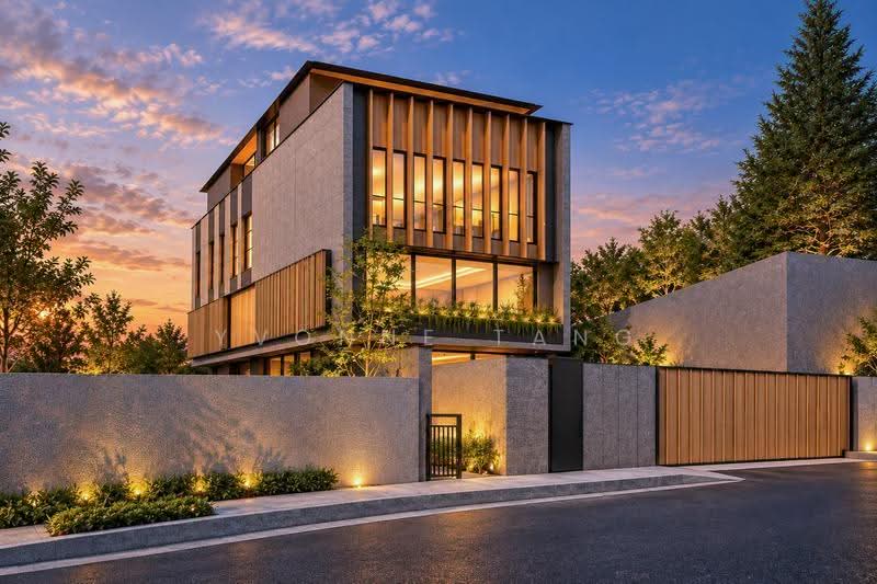 Rare Brand New GCBA, Grand 14.5m Wide Frontage. TOP Soon!, Oei Tiong Ham Park, Jalan Pelangi, Jalan Sampurna, Tanglin / Holland / Bukit Timah, 5 Bedrooms, 11,334 sqft, Detached House For Sale, by Yvonne Tang, 500280647 - Facade at Sunset - PropertyGuru.com.sg