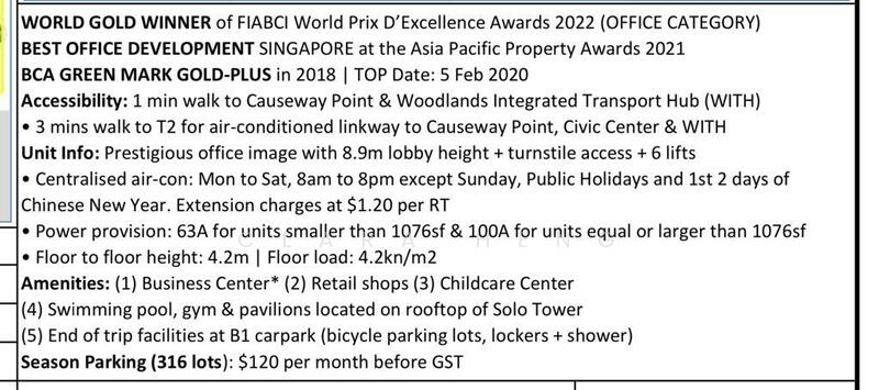 Woods Square, 8 Woodlands Square, 1,152 sqft, Office For Sale, by Clara Heng, 60077861 - Awards & more info (to double check) - CommercialGuru.com.sg