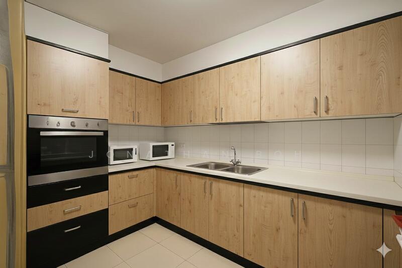 Illustrated colour on cabinet doors and counter top