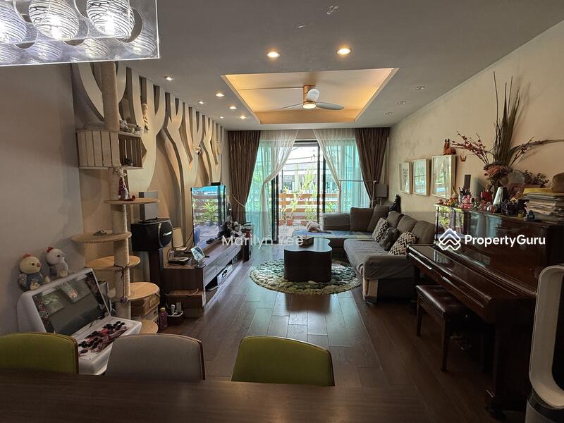 View of living and patio from dining