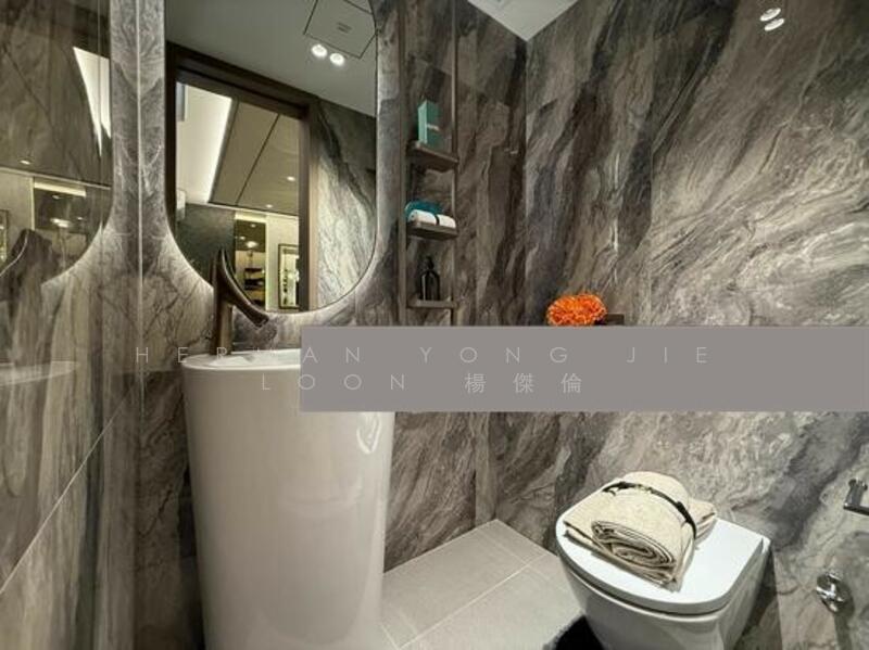 Powder room with Laufen standing sink and Axor mixer