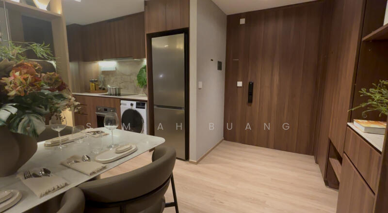 From main door to kitchen to left 