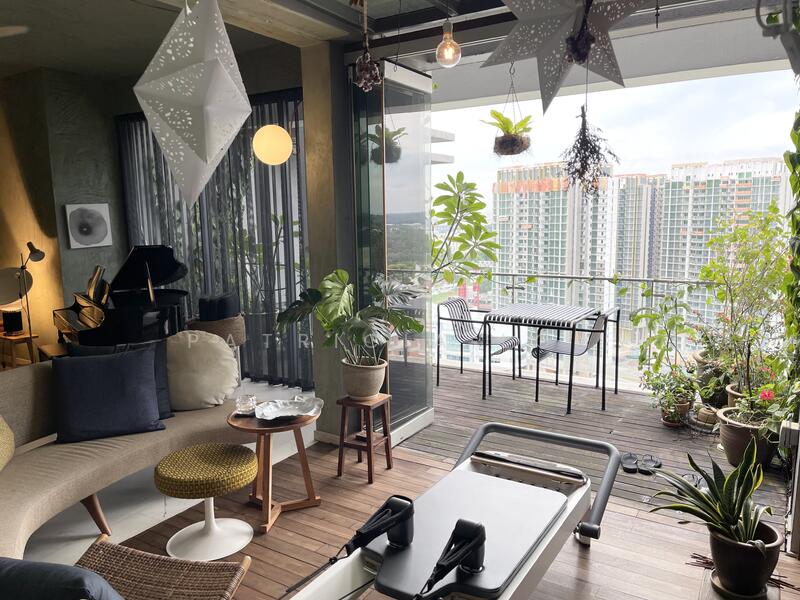 Living room open onto a balcony overlooking the city.