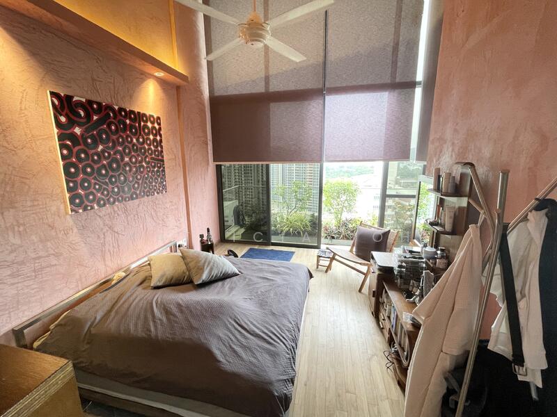 High ceiling Master suite with floor to ceiling windows.