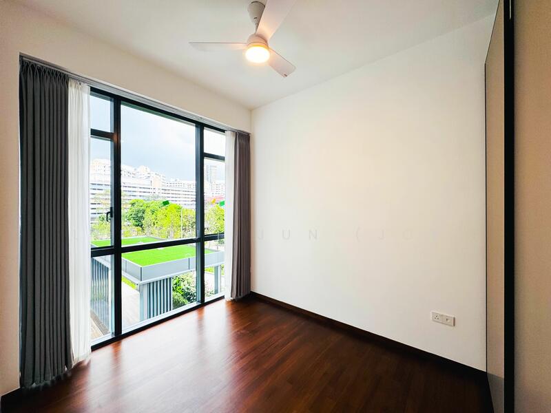 Master bedroom with ceiling fan and light