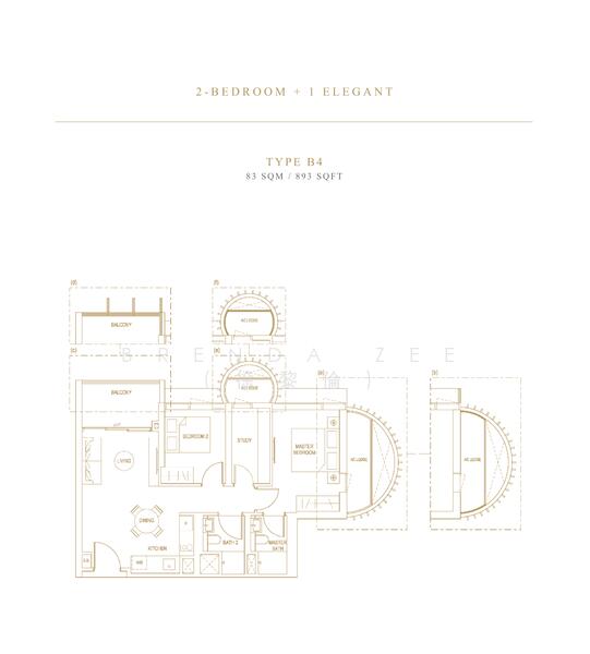 KLIMT CAIRNHILL, 2 Bedrooms + Study, 893 sqft