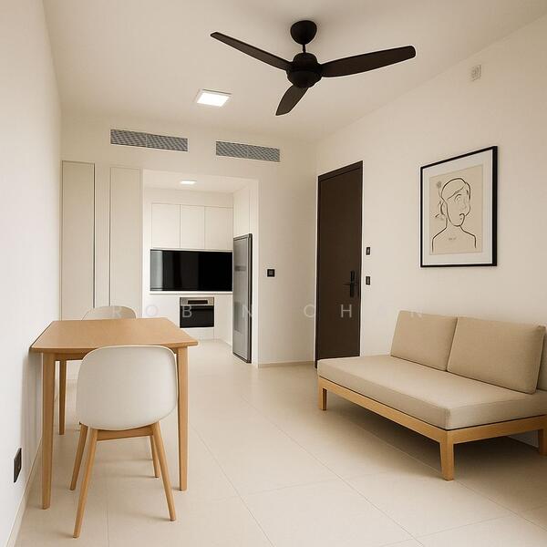 Living room with enclosable kitchen