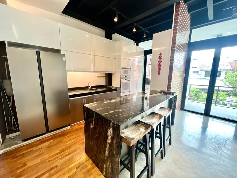 Modern kitchen with island table, fridge